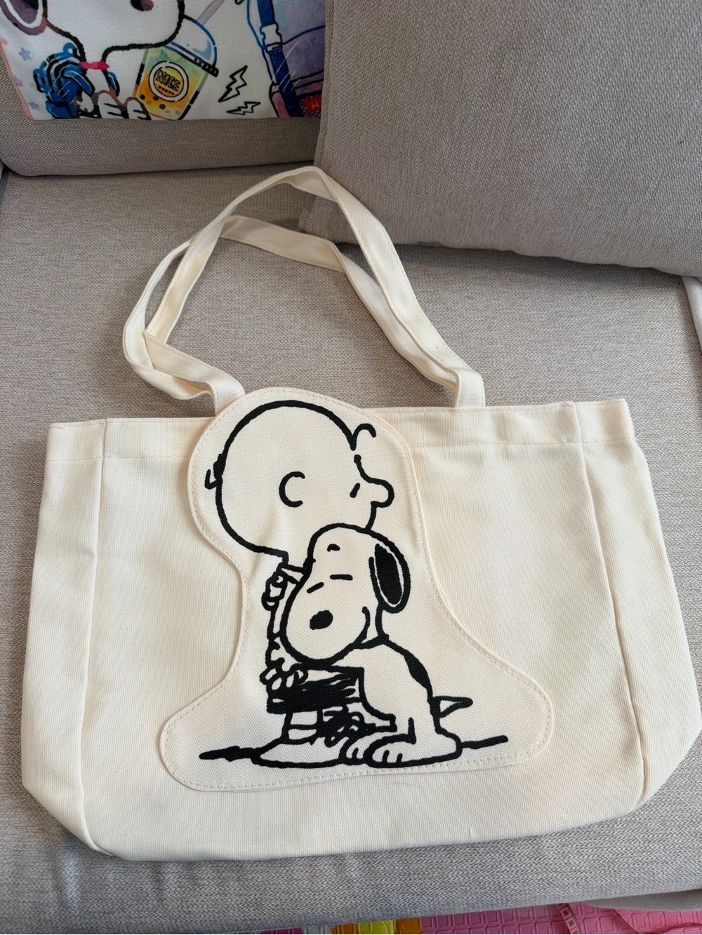 Canvas Tote Bag with Charlie Brown & Snoopy Graphic - Cream - Picture 5 of 6